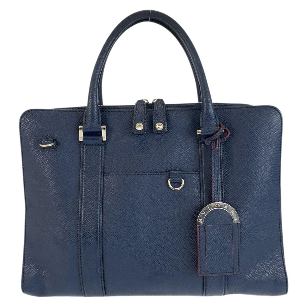 BVLGARI Bulgari Man Navy Silver Hardware Leather Business Bag Briefcase for M...